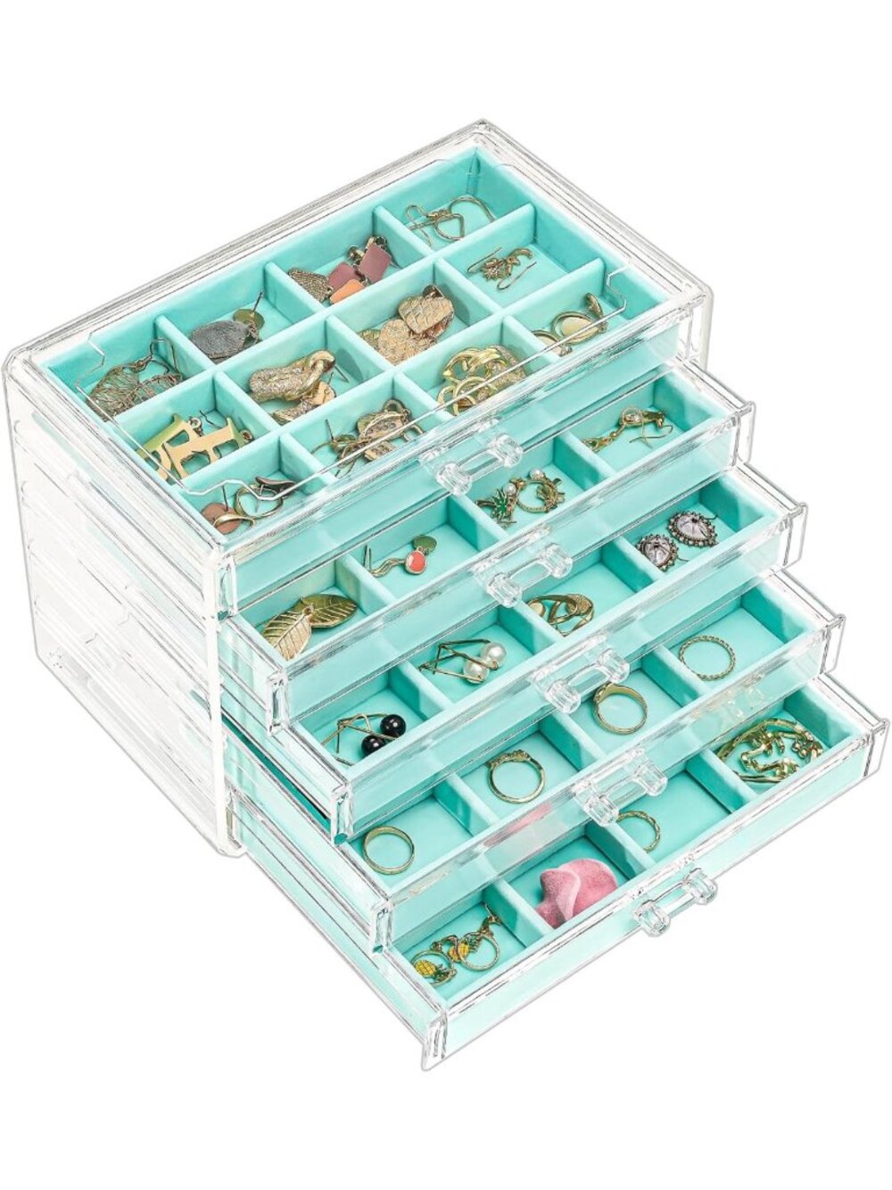Jewelry Box Organizer with 5 Drawers, Aqua Earring Holder for Accessories